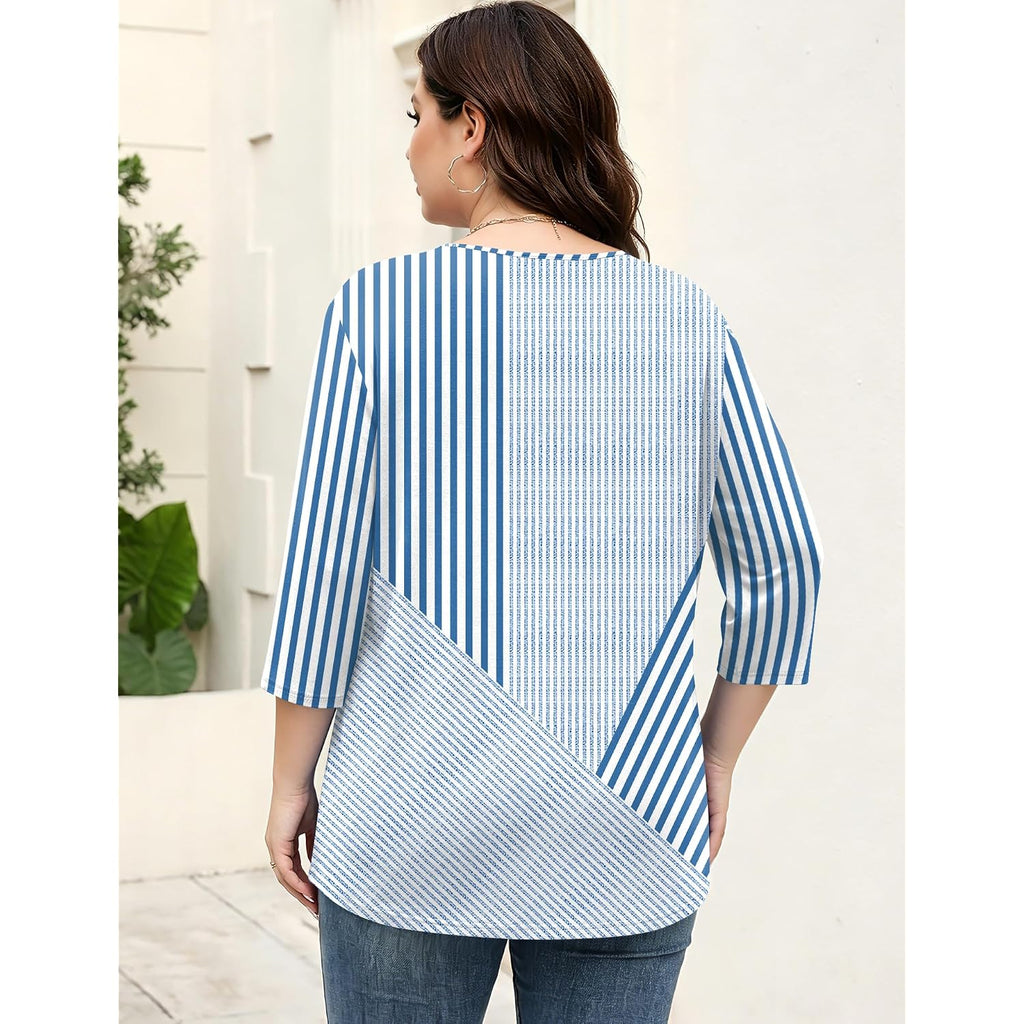 Rapbin Womens Plus Size Tops 3/4 Sleeve Shirts Summer Cut Out Ring Keyhole Neck Dressy Casual Loose Tunic Tops 1X-5X