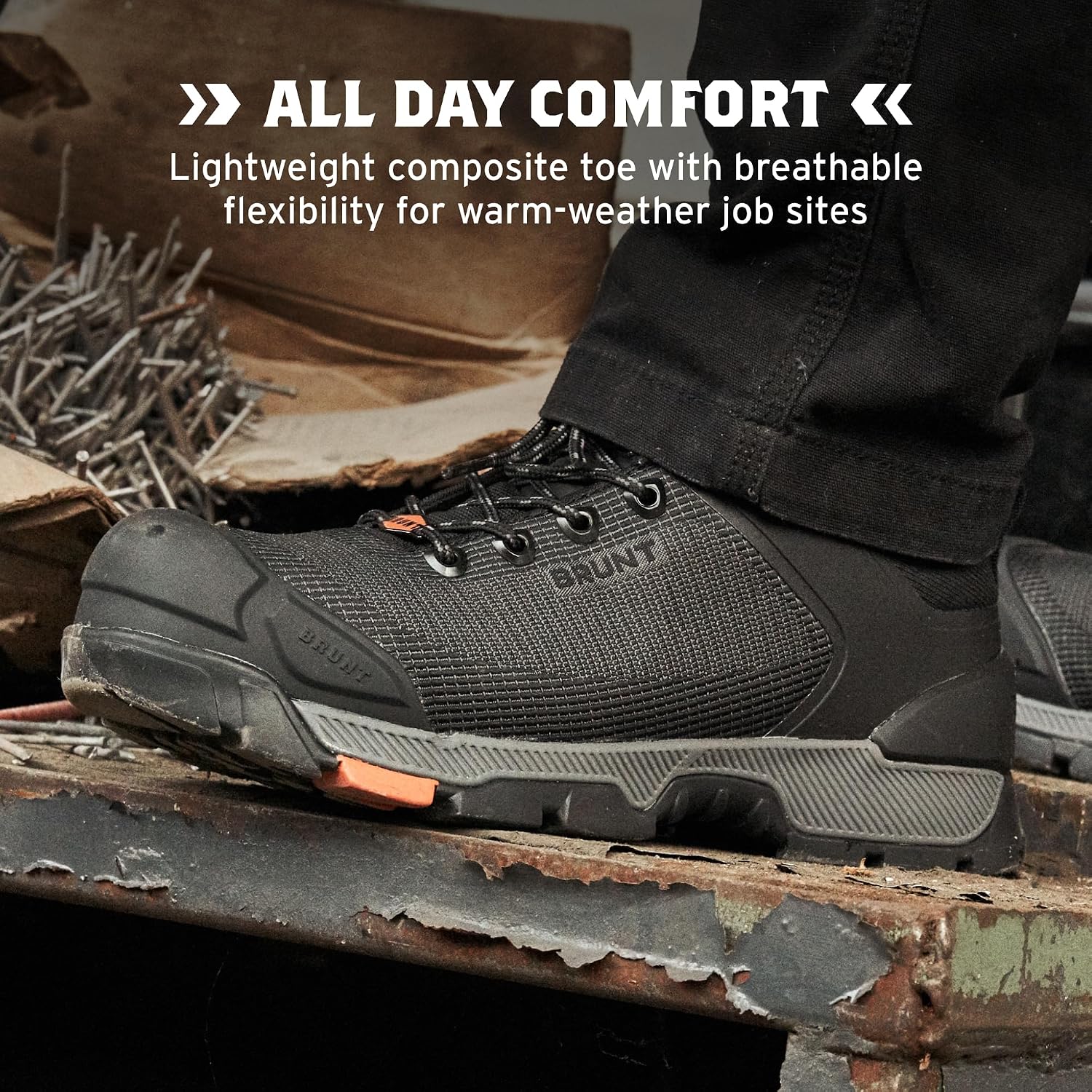 Brunt Ryng Low Top (Comp Toe) - 4" Lightweight Composite Toe Work Shoe - Eh Rated - Slip + Oil Resistant - Heat-Resistant Sole - Breathable, Flexible Fit - Adjustable