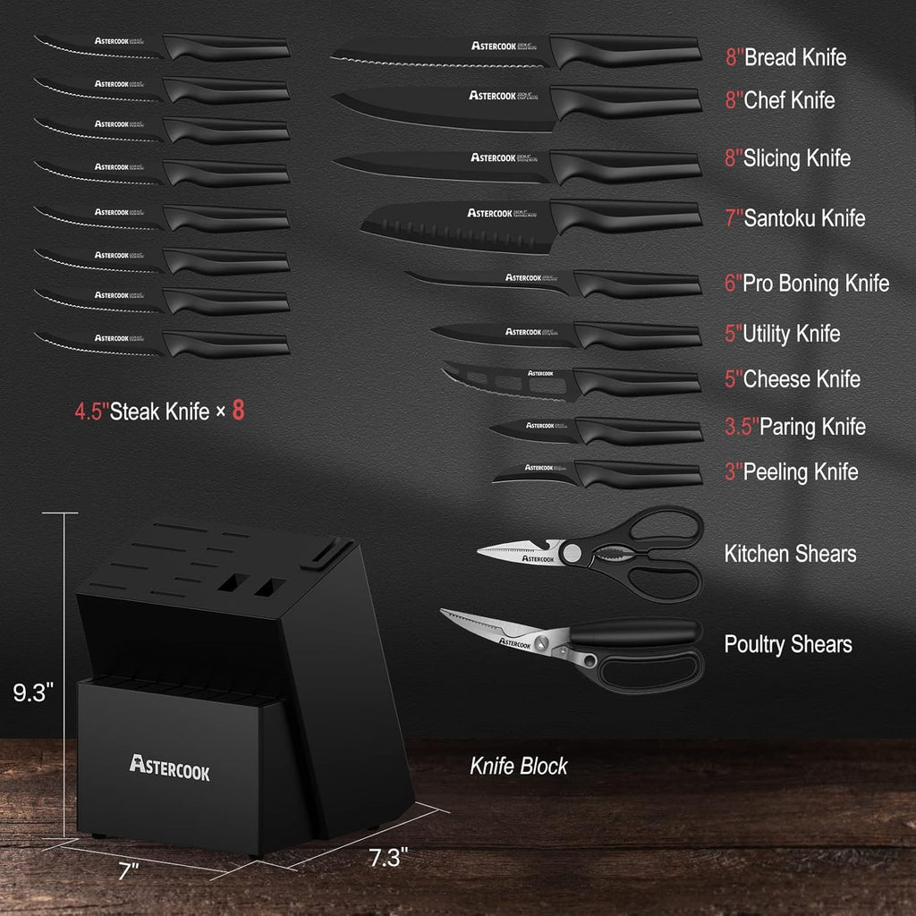 Knife Set, Astercook 21 Pieces Knife Sets for Kitchen with Block, Dishwasher Safe Kitchen Knife Set with Built-in Sharpener, German Stainless Steel Black Knife Block Set Mothers Day Gifts
