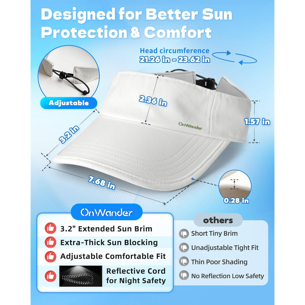 Sun Visor Hat for Women & Men – 3.2" Extended Brim, UPF 80+, Quick-Dry Sports Hat, Adjustable Fit, Running, Tennis, Golf
