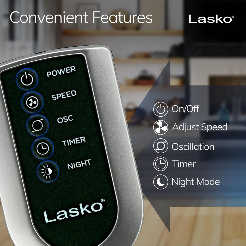 Lasko Oscillating Tower Fan With Remote - Quiet Standing Fan For Bedroom, Office, And Home - 3 Speeds - Powerful Cooling Air - T42951 - 42" Tall - Silver