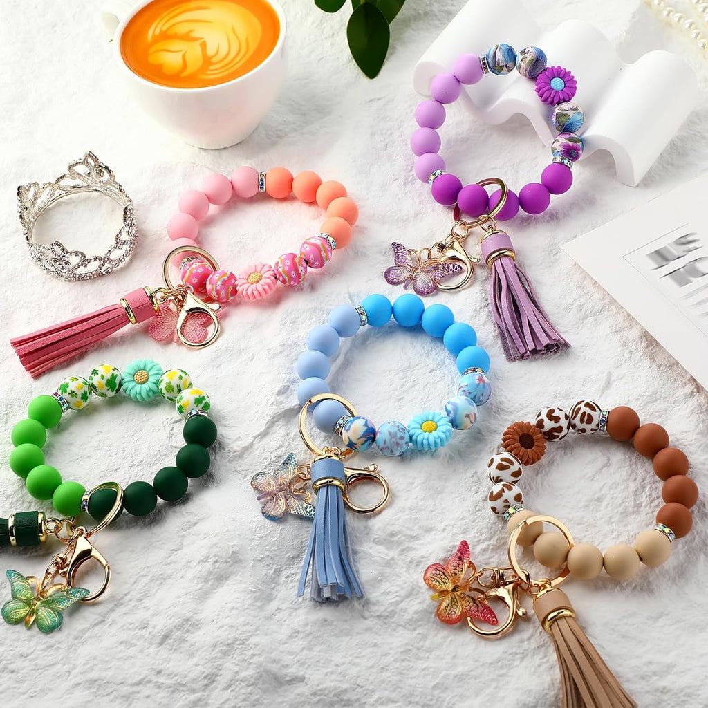 Cute Silicone Beaded Keychain，Key Chain Holder for Car Keys Women Girl，Daisy Silicone Key Wristlet Resin Butterfly