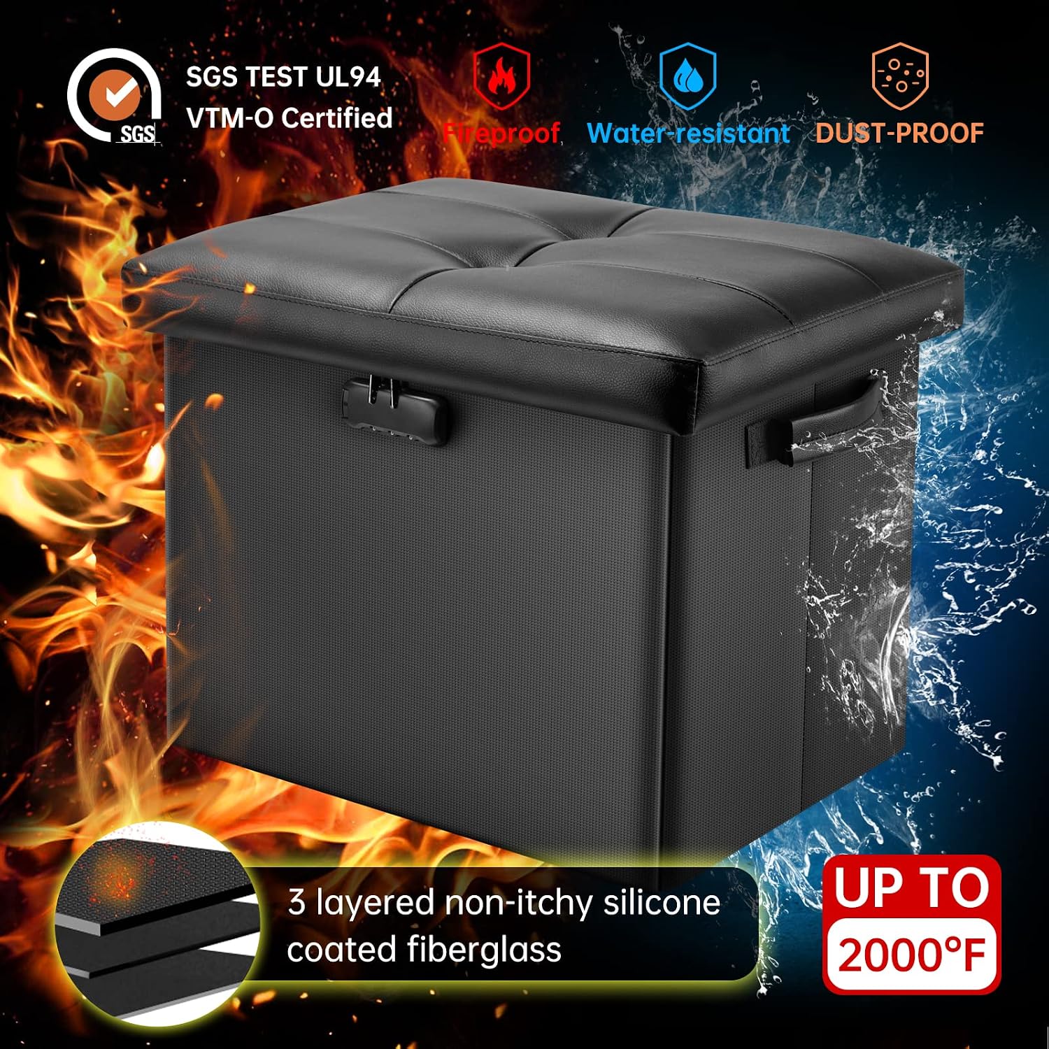 Docsafe Storage Ottoman With Lock,Fireproof Folding Ottoman Foot Rest Stool Storage Chest With Storage Safe For Important Documents,Waterproof 17 Inches Short Ottoman Foot Stool With Handles,Black