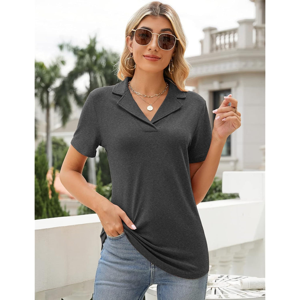 Women's Polo Shirts Lapel Collar V Neck Short Sleeve Blouse Dressy Casual Tunic Tops