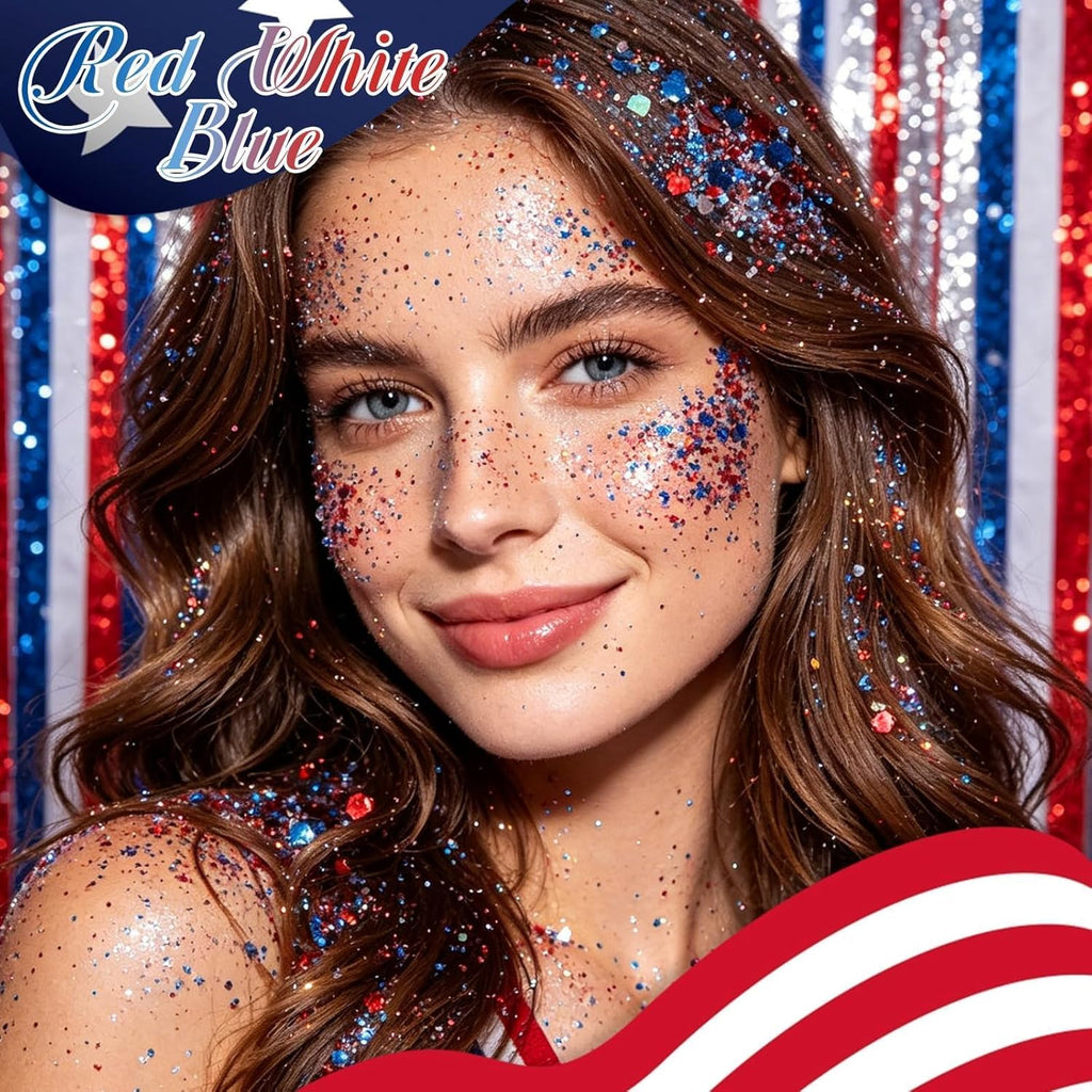 DAGEDA Red White Blue Face Body Glitter Stick,4th of July Accessories Sparkling Hair Glitter Makeup,Patriotic Red White and Blue Patriotic Accessories,Fourth of July Outfit Flag Glitters Makeup