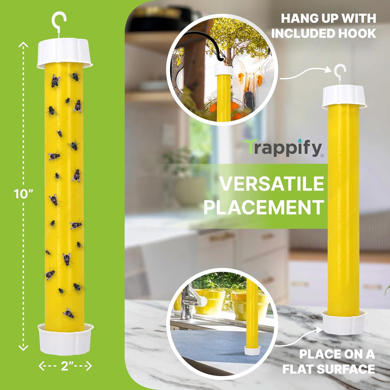 Trappify Hanging Fly Trap & Fruit Fly Traps For Indoors, Yellow, 2 Pack | Recycled Paper Stick With Ultra-Tacky Adhesive And Bait Cup, Hangs In Kitchens, Patios, Barns, Catches Flies And Gnats