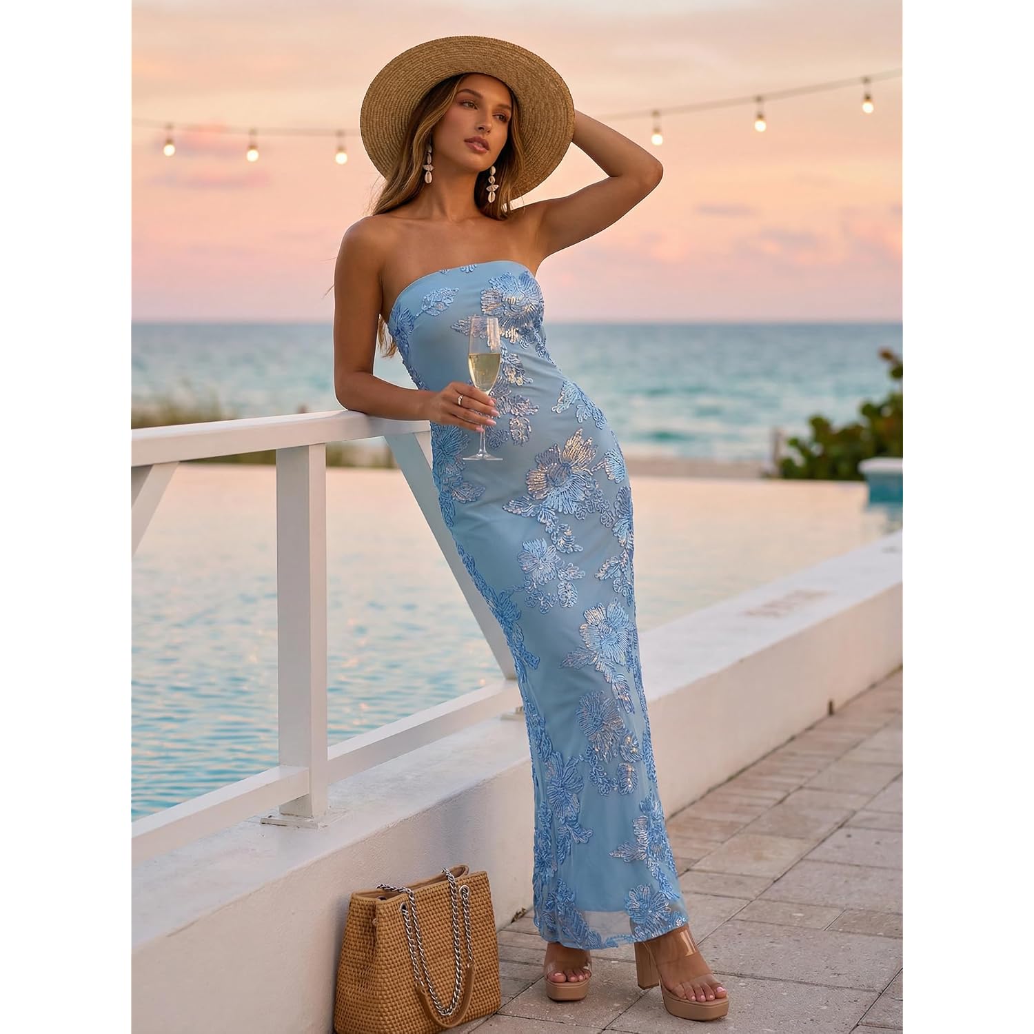 Merokeety Women'S Floral Strapless Maxi Dress 2026 Summer Mesh Tube Bodycon Formal Wedding Guest Cocktail Party Long Dresses