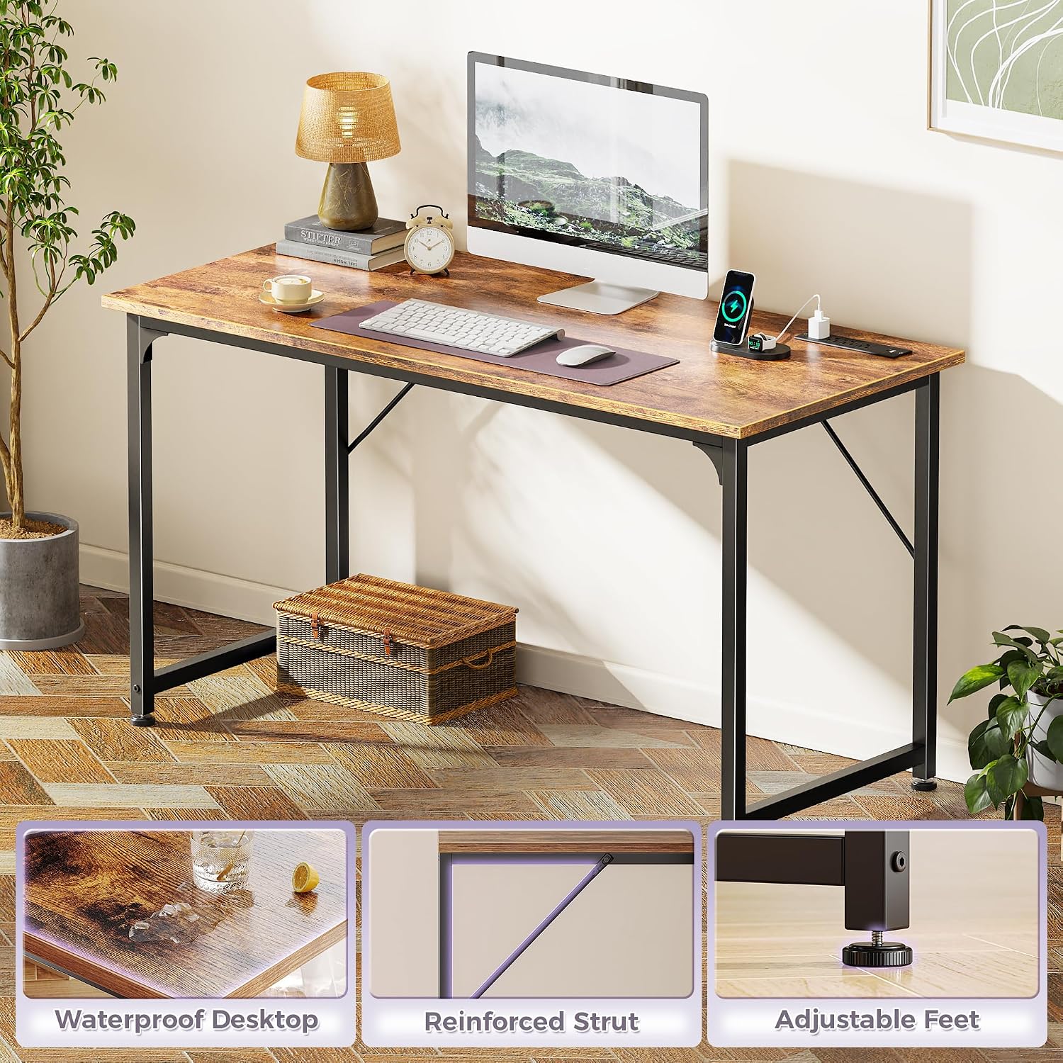 47 X 20 Inch Computer Desk, Power Outlets, Usb-C, Rustic Brown | Office Desk With 4 Ac Outlets, Usb & Usb-C, Sturdy Metal Frame, Spacious Desktop For Work, Writing, Study & Gaming