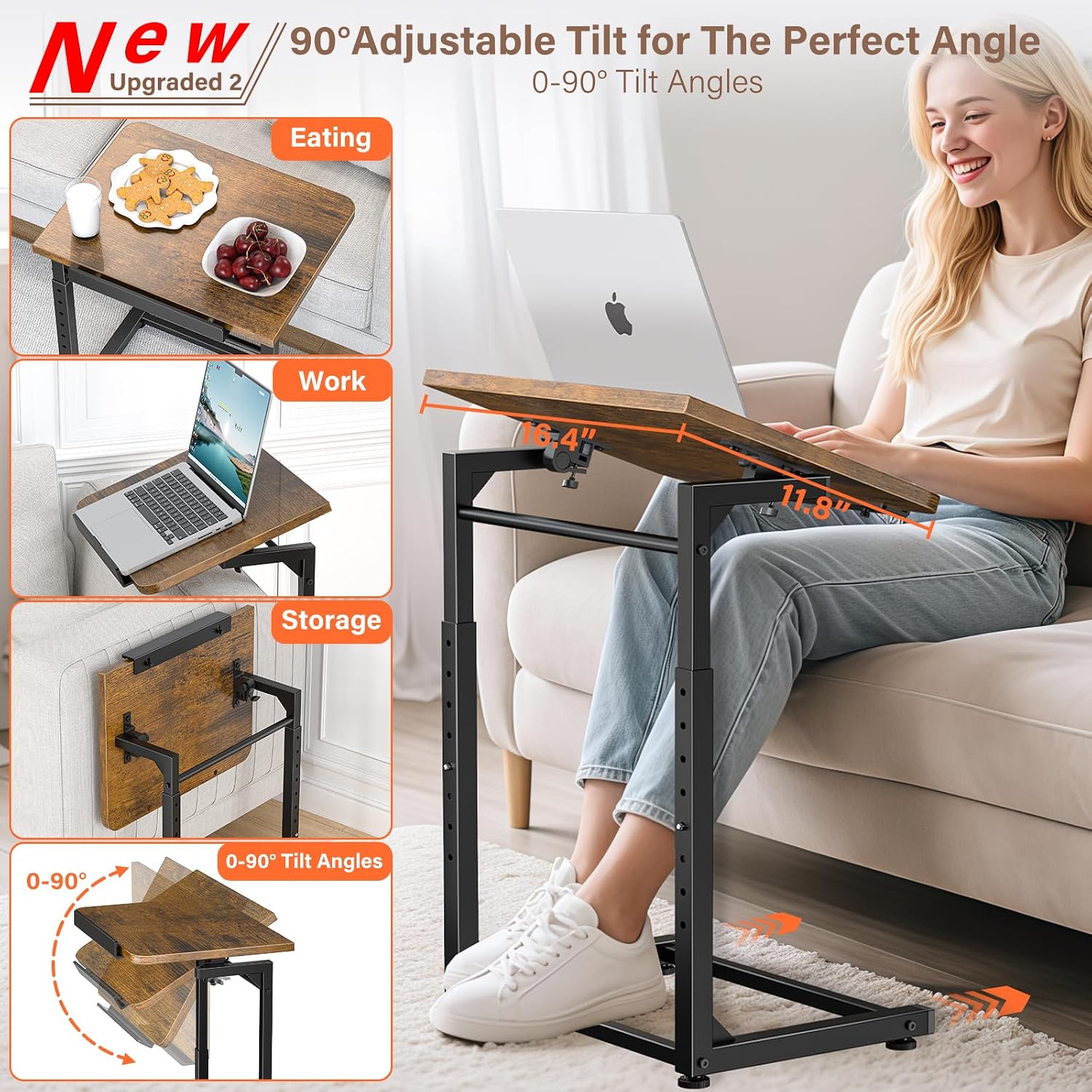 Tv Tray Table Set Of 2, 8-Level Adjustable Height Couch Side Table，90° Tilt Angle Adjustments C-Shaped End Table, With Phone & Tablet Slot Sofa Computer Desk For Couch, Sofa, Bed, Chair, Living Room