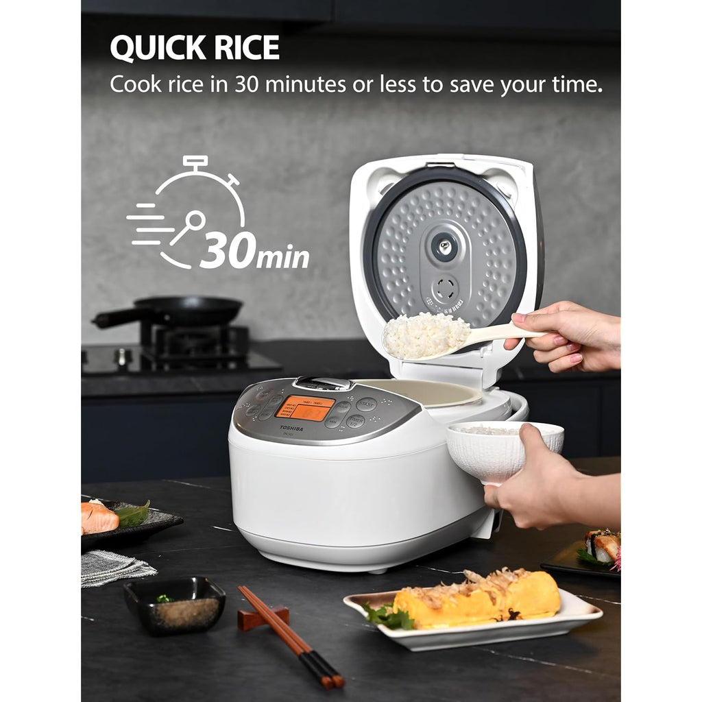 Toshiba Rice Cooker 6 Cup Uncooked – Japanese Rice Cooker With Fuzzy Logic Technology, 7 Cooking Functions, Digital Display, 2 Delay Timers And Auto Keep Warm, Non-Stick Inner Pot, White