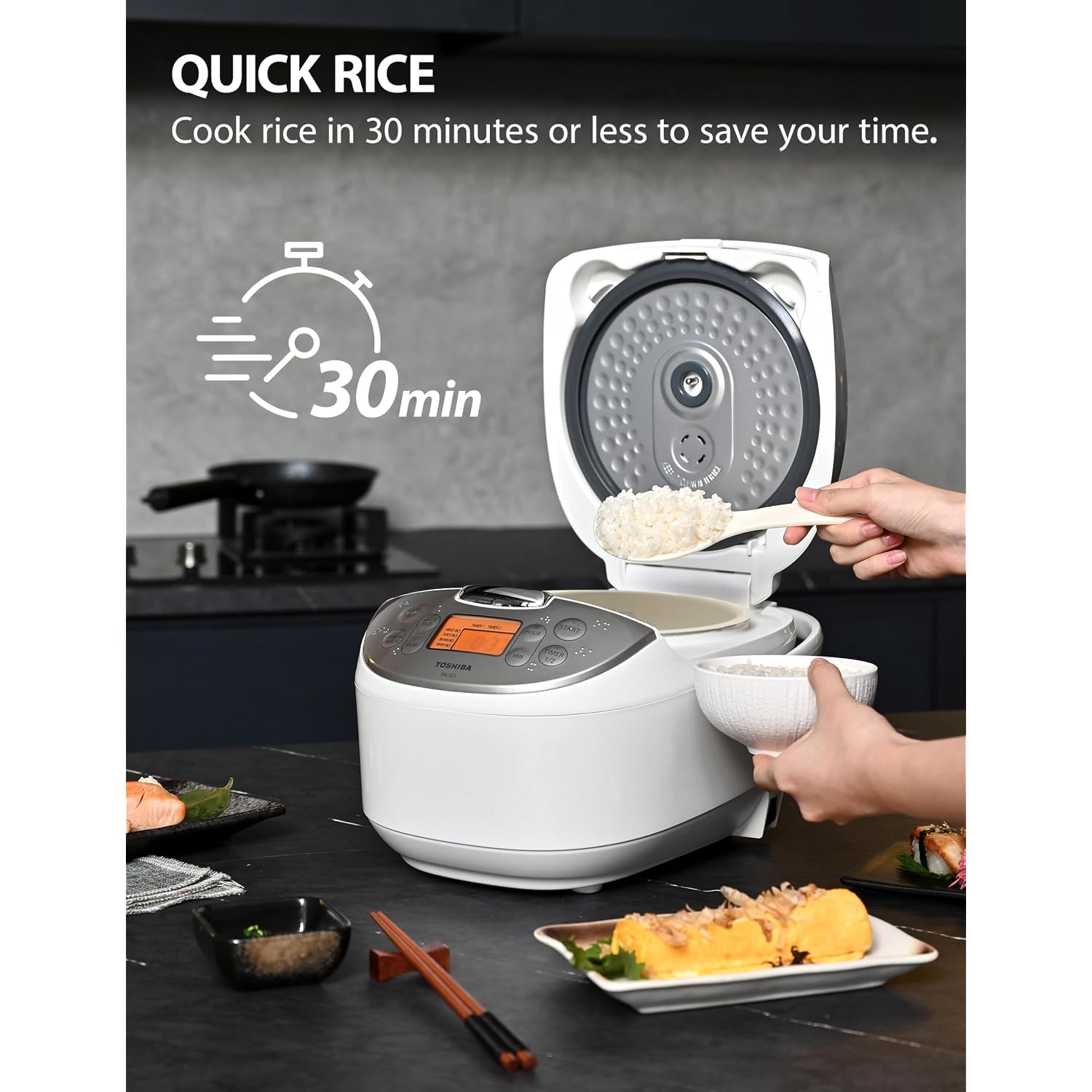 Toshiba Rice Cooker 6 Cup Uncooked – Japanese Rice Cooker With Fuzzy Logic Technology, 7 Cooking Functions, Digital Display, 2 Delay Timers And Auto Keep Warm, Non-Stick Inner Pot, White