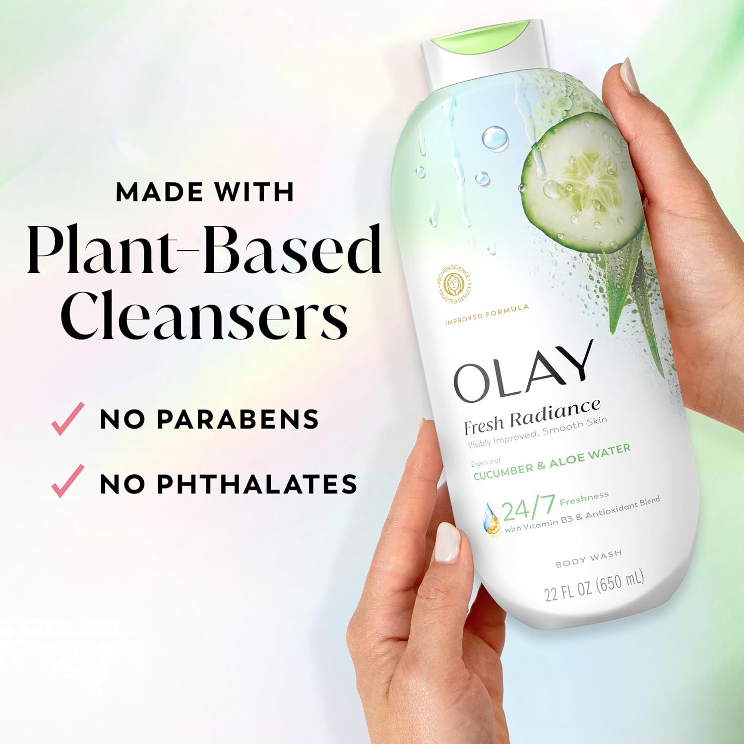 Olay Body Wash For Women, Fresh Radiance, 24/7 Skin-Loving Freshness, Visibly Radiant, Plant Based Cleansers, Vitamin B3 & Antioxidant Blend, For All Skin Types, Cucumber & Aloe Water Scent, 22 Fl Oz