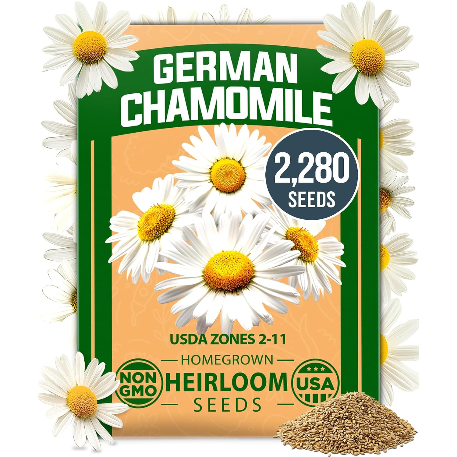 Home Grown German Chamomile Seed Pack 2,280 Non Gmo Heirloom Seeds For Planting For Sustainable Gardens And Soothing Medicinal Herbal Teas (Matricaria Chamomilla)