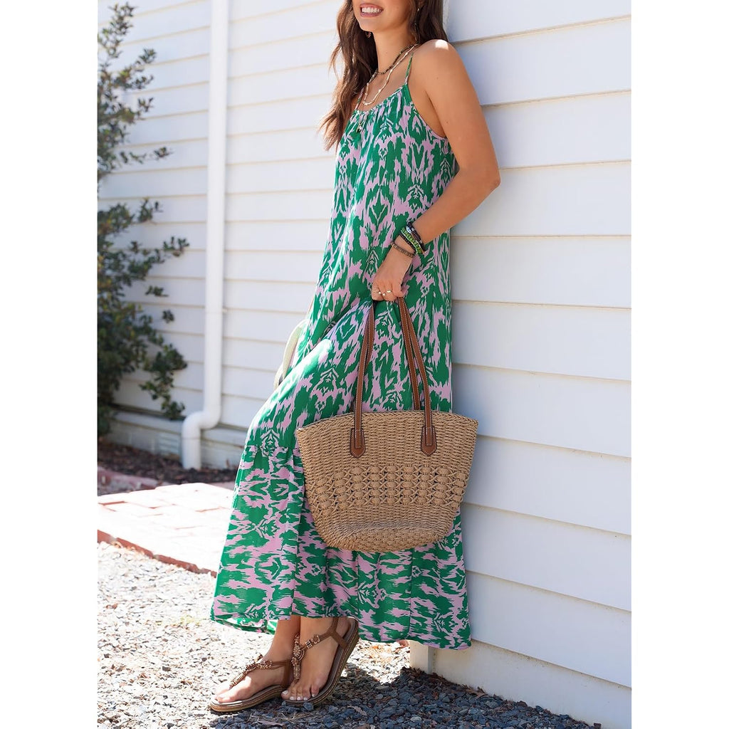 Dokotoo Women Summer Dresses 2026 Spaghetti Strap Scoop Neck Smocked Ruffle Flowy Boho Maxi Dress