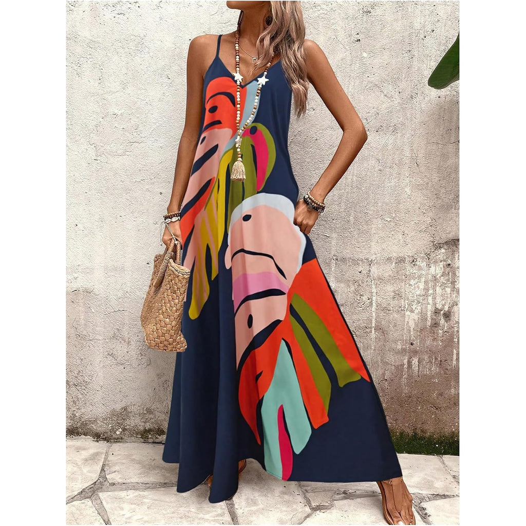 Gorglitter Women'S Sleeveless V Neck Oversized Maxi Long Dress Boho Bump Friendly Graphic Casual Beach Flowy Sun Dress