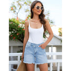 Jean Shorts for Women Mid Rise Trendy Stretchy Crossover Waist Denim Shorts Raw Hem Casual Summer Pockets