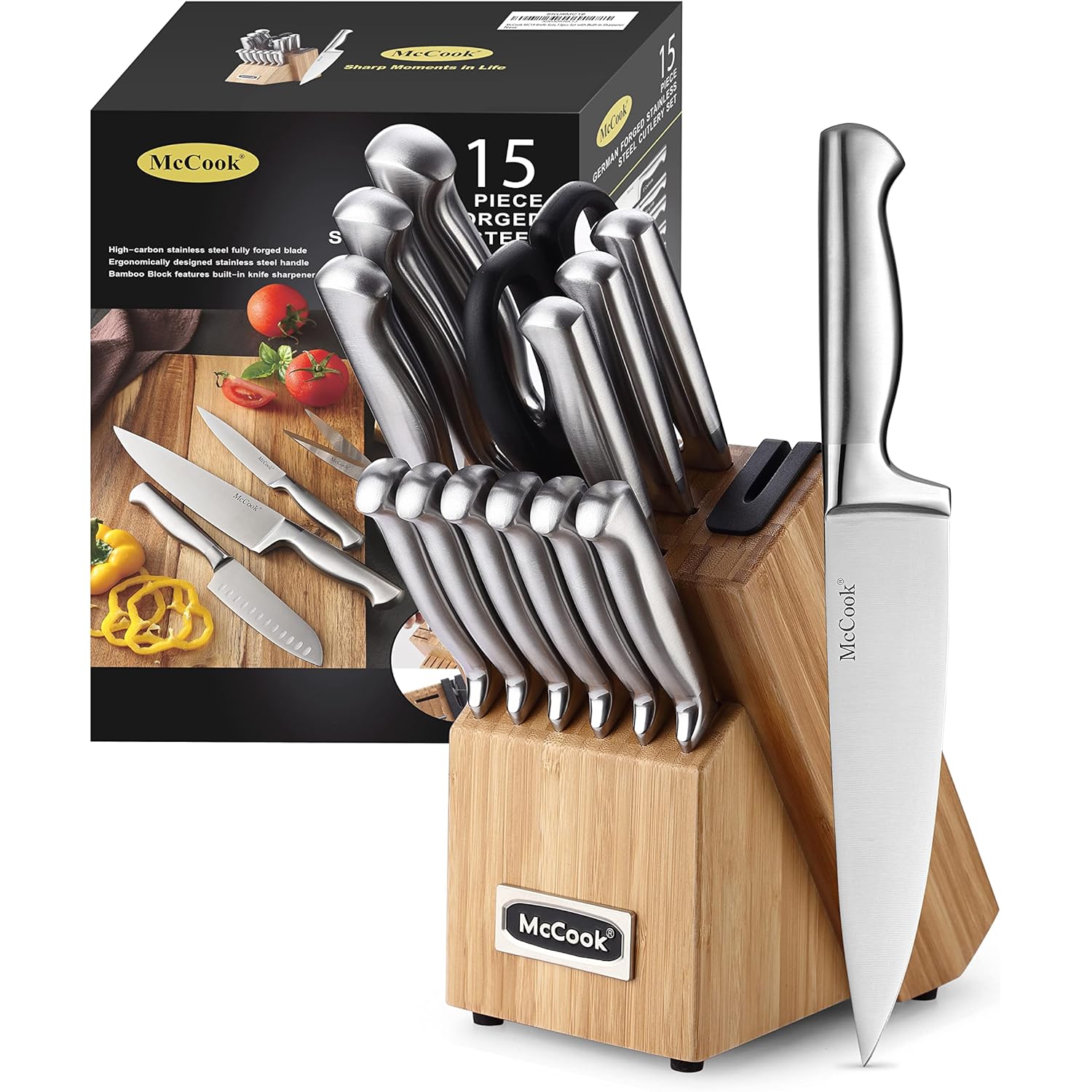 McCook® Knife Sets,German Stainless Steel Knife Block Sets with Built-in Sharpener, 15 Piece Chef Knife and More, Razor Sharp, Restaurant Grade, Anti-Rust, Elegant Box for Gift