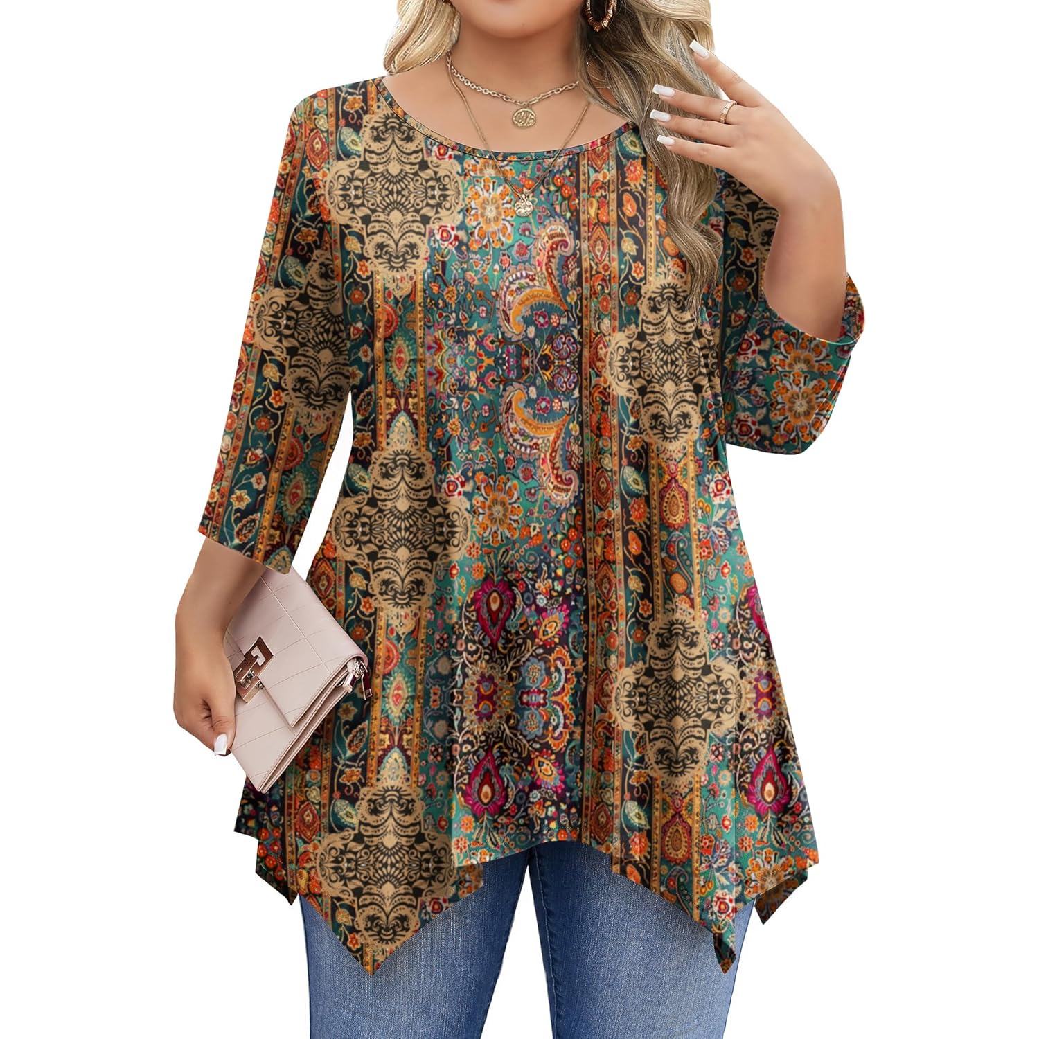 IN'VOLAND Plus Size Tops for Women 3/4 Sleeve Shirts Tunic Tops to Wear with Leggings Loose Fit Summer Fall Clothes