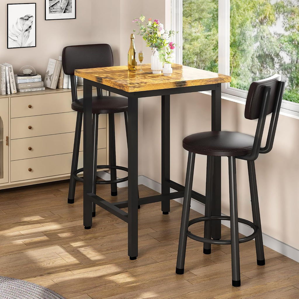 Recaceik 3 Piece Pub Dining Set, Modern Bar Table And Stools For 2 Kitchen Counter Height Wood Top Bistro Easy Assemble For Breakfast Nook Living Room Small Space Restaurant