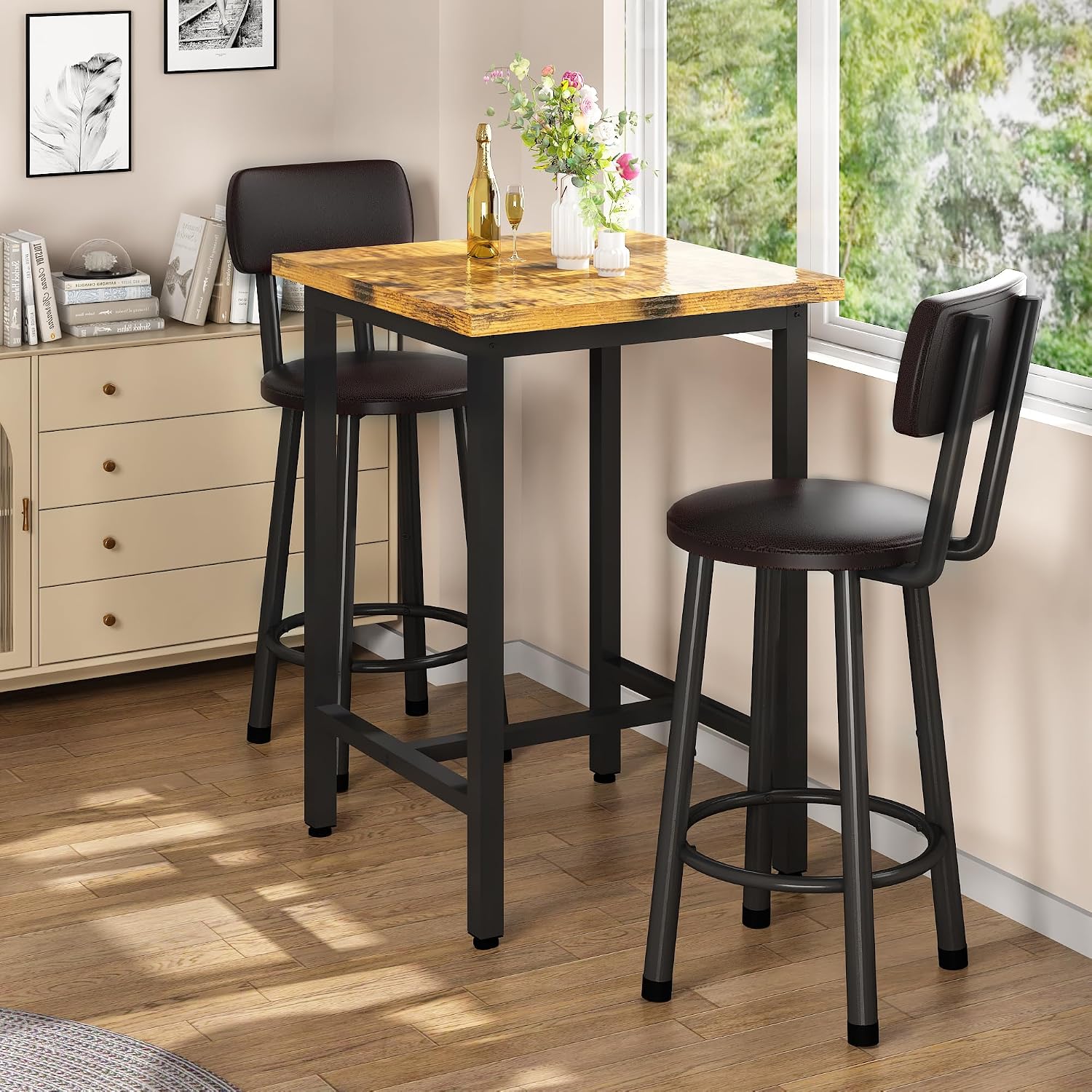 Recaceik 3 Piece Pub Dining Set, Modern Bar Table And Stools For 2 Kitchen Counter Height Wood Top Bistro Easy Assemble For Breakfast Nook Living Room Small Space Restaurant
