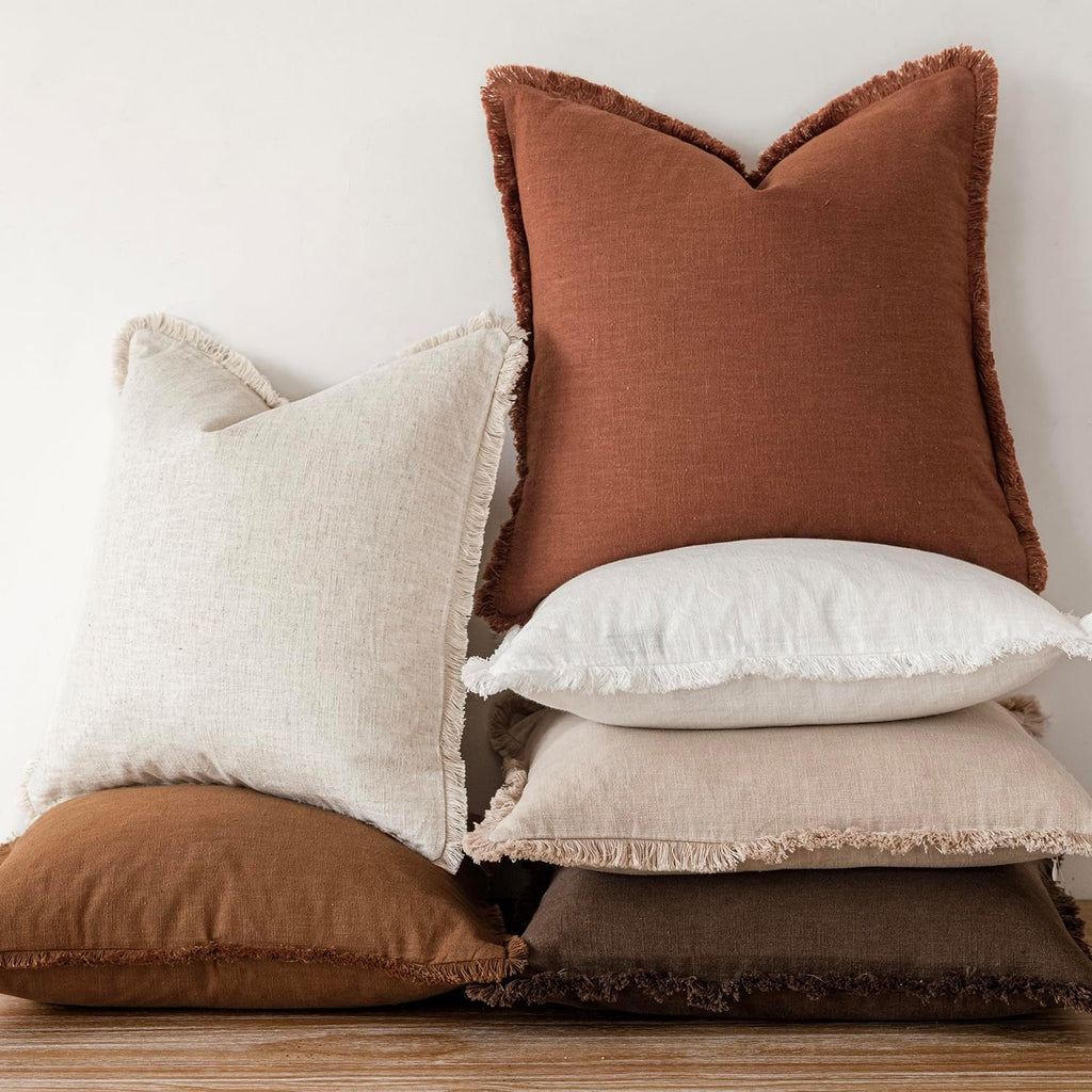 Foindtower Set of 2 Decorative Linen Fringe Throw Pillow Covers Farmhouse Cushion Cover with Tassels Soft Accent Pillowcase for Couch Chair Sofa Bed Living Room Home Decor,20×20 Inch,Fall Rust Orange