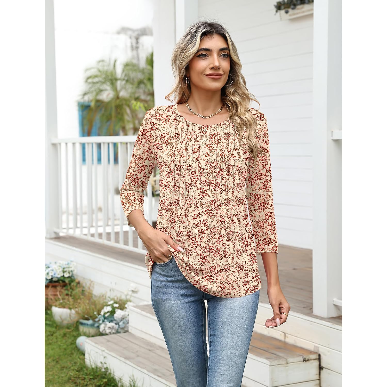 Ivicoer Women'S 3/4 Length Sleeve Tops Crewneck Button Pleated Dressy Casual Blouses