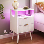White Nightstand With Charging Station And Led Lights,Modern Bedside Table With 2 Storage Drawer And Open Wood Shelf, For Bedroom And Small Spaces,Night Stand With Solid Wood Legs,White