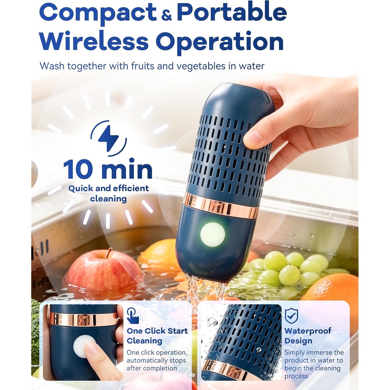 Produce Cleaner & Vegetable Cleaner With Oh-Ion Technology, Wireless Rechargeable Food Washer For Fruits, Veggies, Rice & Utensils, Ipx7 Waterproof 10-Min Automatic Cleaning For Kitchen (Blue)