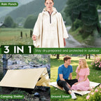 3-In-1 Rain Poncho With 1/4 Zip & Chest Pocket, Waterproof, Sunshade, Ground Mat For Adults & Youth Emergency