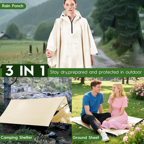 3-In-1 Rain Poncho With 1/4 Zip & Chest Pocket, Waterproof, Sunshade, Ground Mat For Adults & Youth Emergency