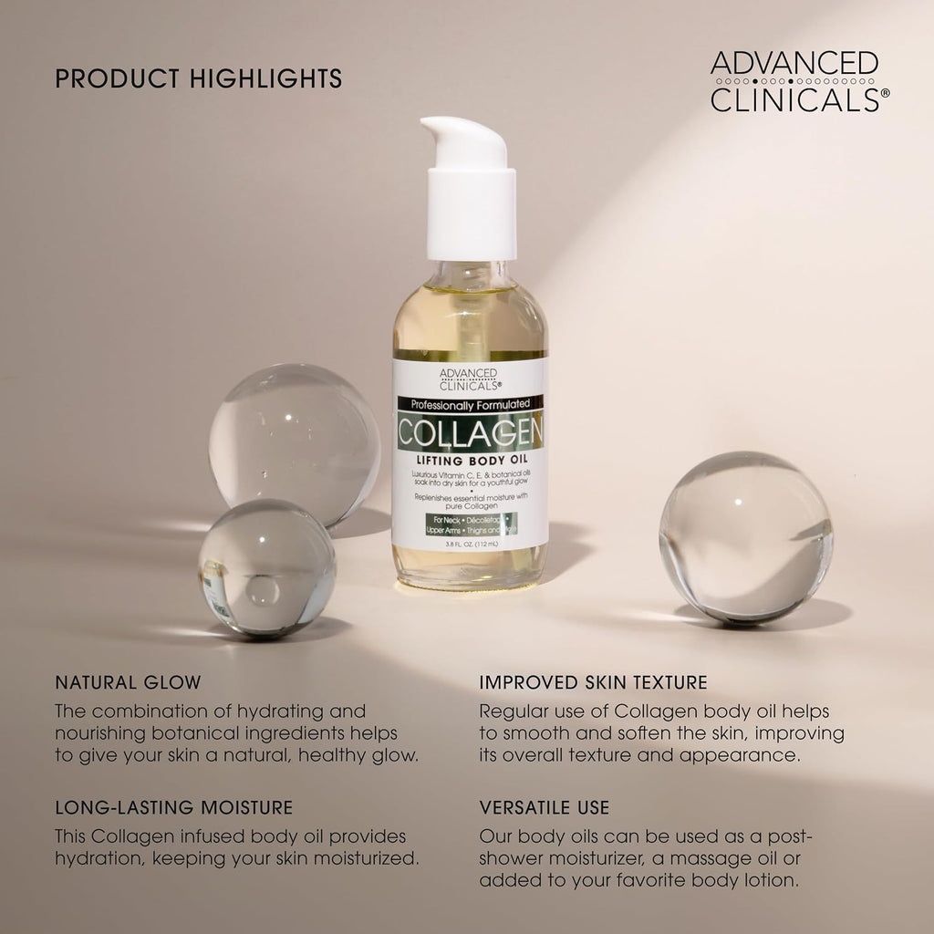 Advanced Clinicals Hydrating Collagen Oil For Body & After Shower | Visible Anti Aging Moisturizing Collagen Body Oil For Women & Men Helps Soften Appearance Of Crepe Skin & Wrinkles, 3.8 Fl Oz