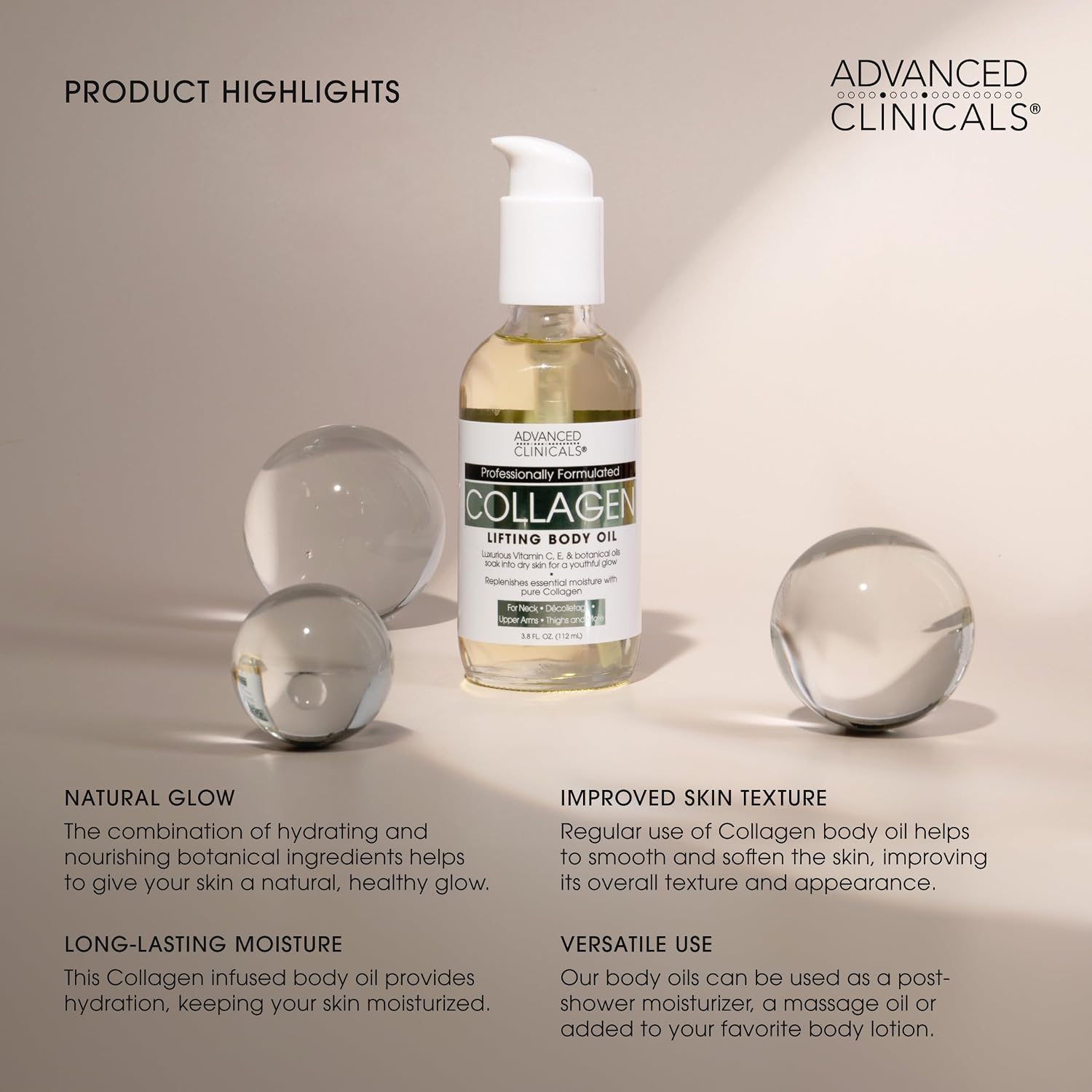 Advanced Clinicals Hydrating Collagen Oil For Body & After Shower | Visible Anti Aging Moisturizing Collagen Body Oil For Women & Men Helps Soften Appearance Of Crepe Skin & Wrinkles, 3.8 Fl Oz