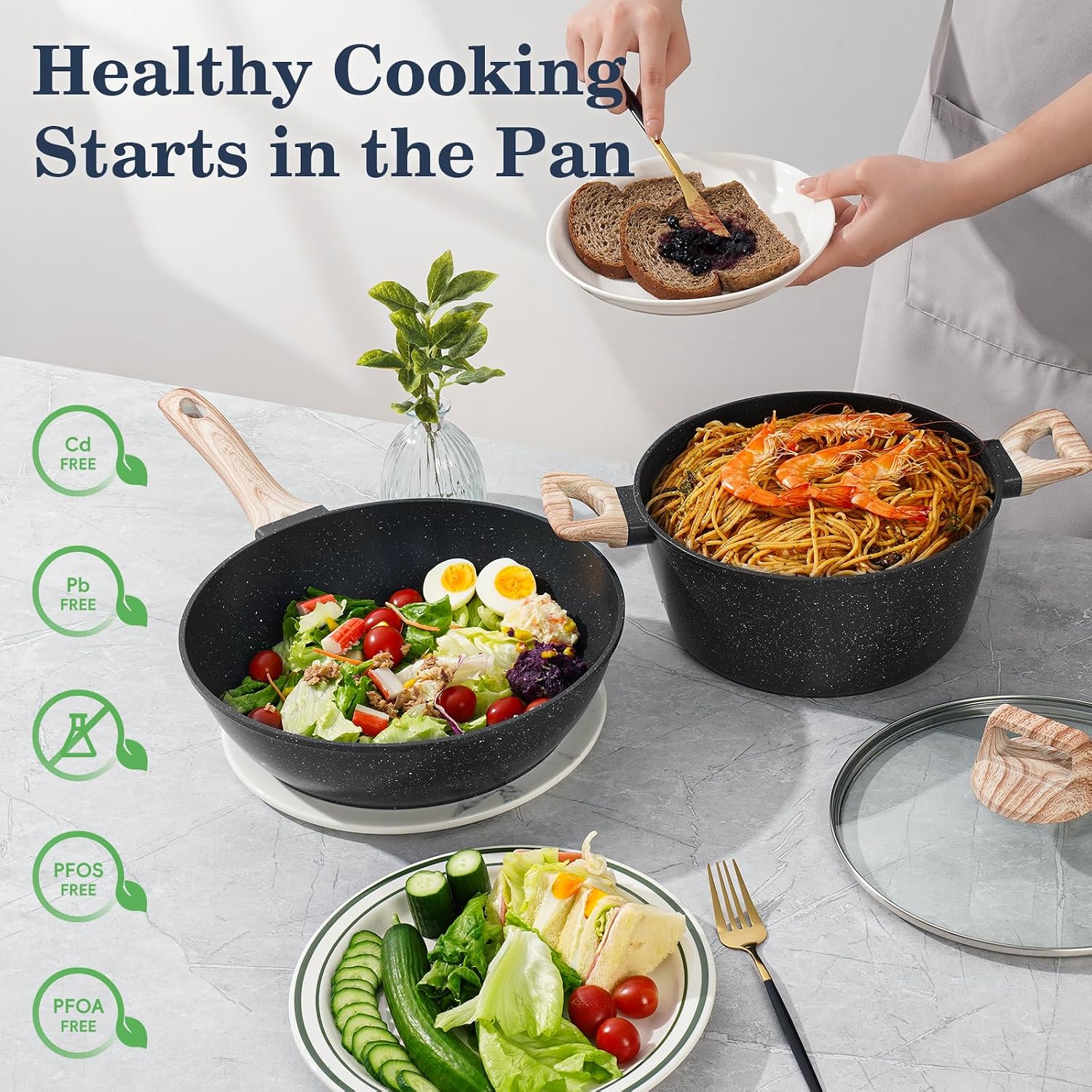 Soday Pots And Pans Set Non Stick, 12Pcs Black Granite Induction Cookware | Pfas/Pfoa/Pfos Free, Healthy Nonstick Kitchen Cookware Sets, Includes Fry Pans & Saucepans.