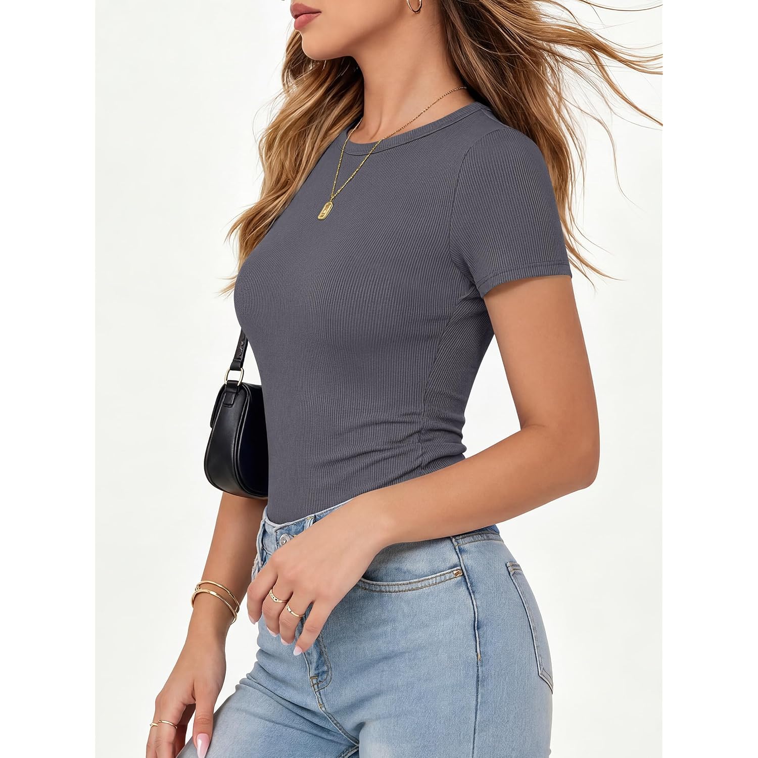 Anrabess Women Short Sleeve Crewneck Ribbed Knit Slim Fitted Shirts Summer Tops Basic Tee Casual 2026 Spring Outfits Clothes
