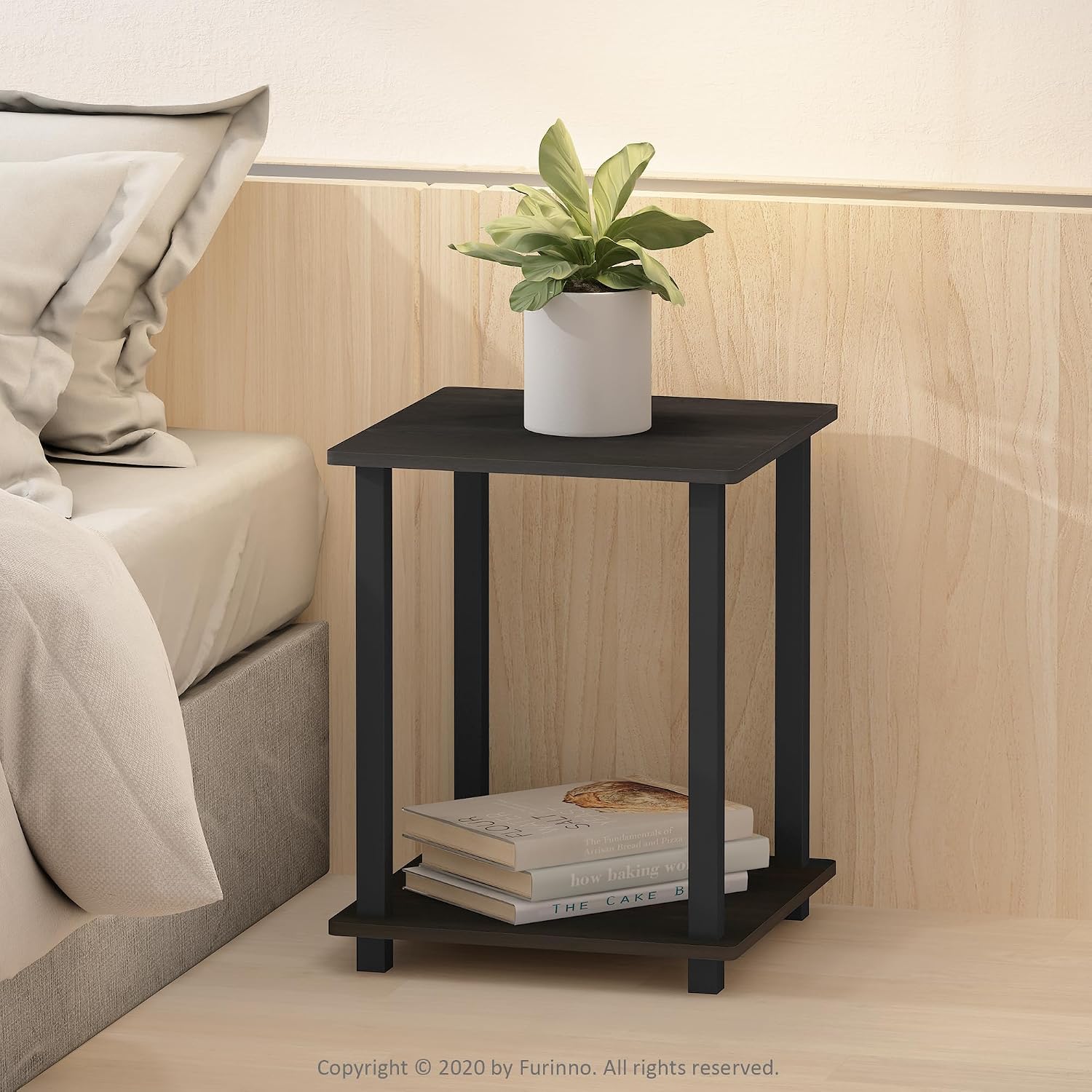 Furinno Simplistic Side Table Set Of 2, 2-Tier Square Modern End Table, Nightstand, Night Stand, Bedside Table, Toolless Assembly, For Living Room, Bedroom, Espresso