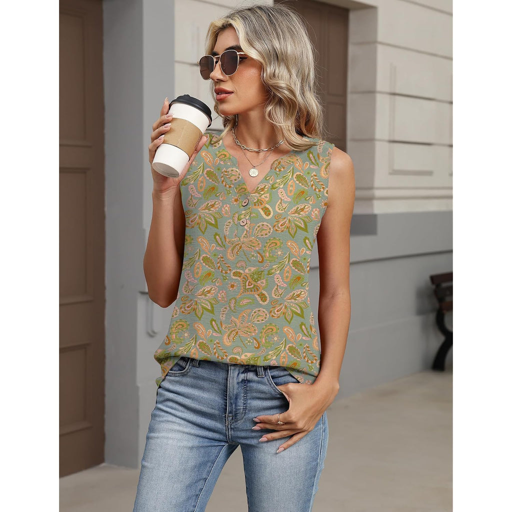Micoson Tank Tops for Women 2026 Summer Casual V Neck Sleeveless Tops Loose Flowy Button Down Boho Tshirt
