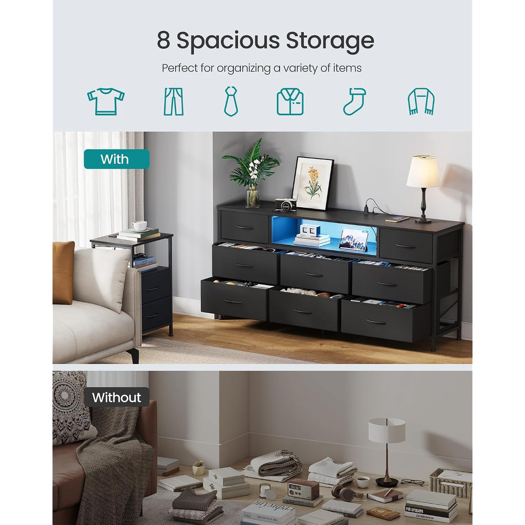 Songmics Bellah Collection - Dresser For Bedroom With Outlets And Led Lights, Tv Stand For Tvs Up To 65 Inches, Chest Of Drawers, 8 Drawers, Steel, Modern, Ink Black Ulgs434Bh02S