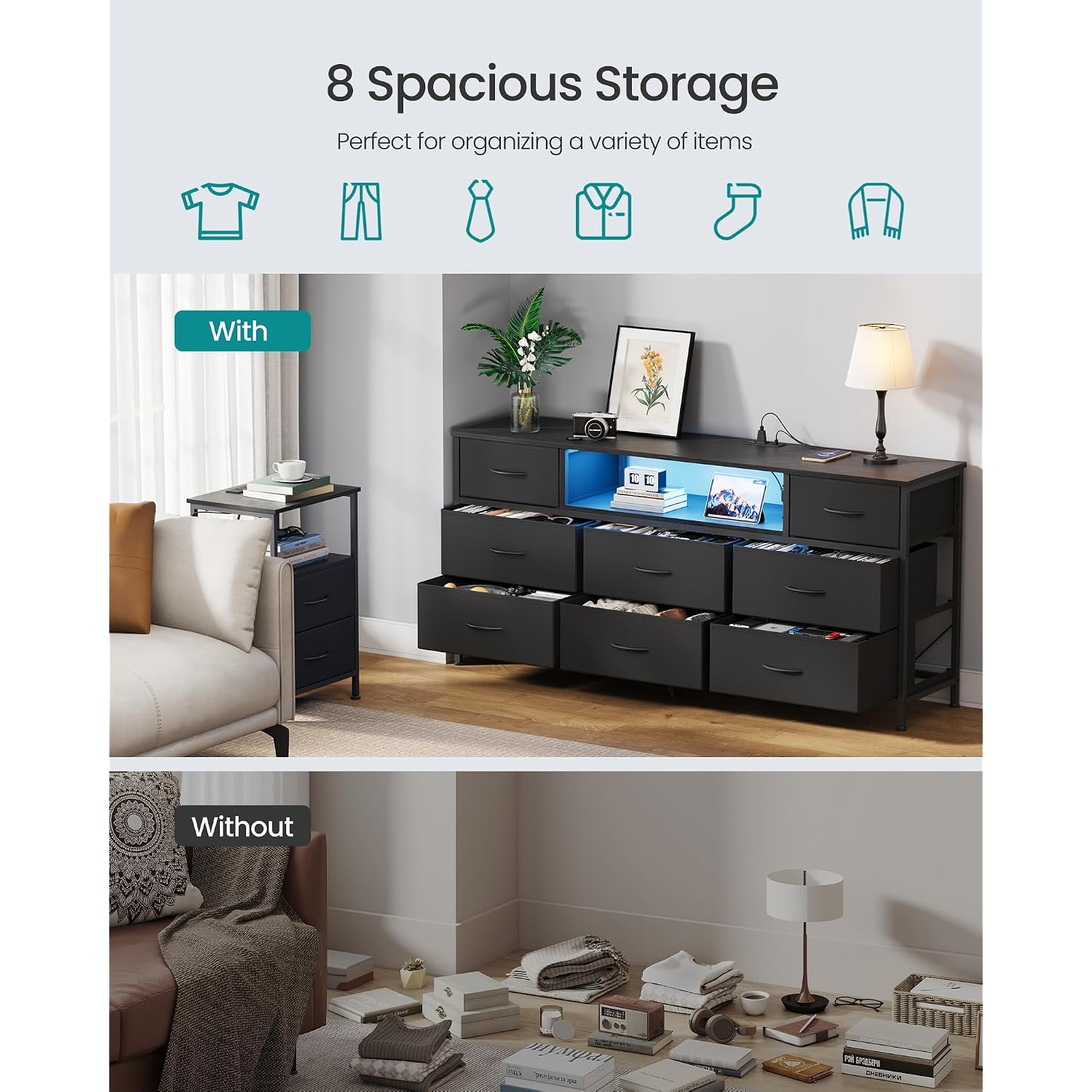 Songmics Bellah Collection - Dresser For Bedroom With Outlets And Led Lights, Tv Stand For Tvs Up To 65 Inches, Chest Of Drawers, 8 Drawers, Steel, Modern, Ink Black Ulgs434Bh02S