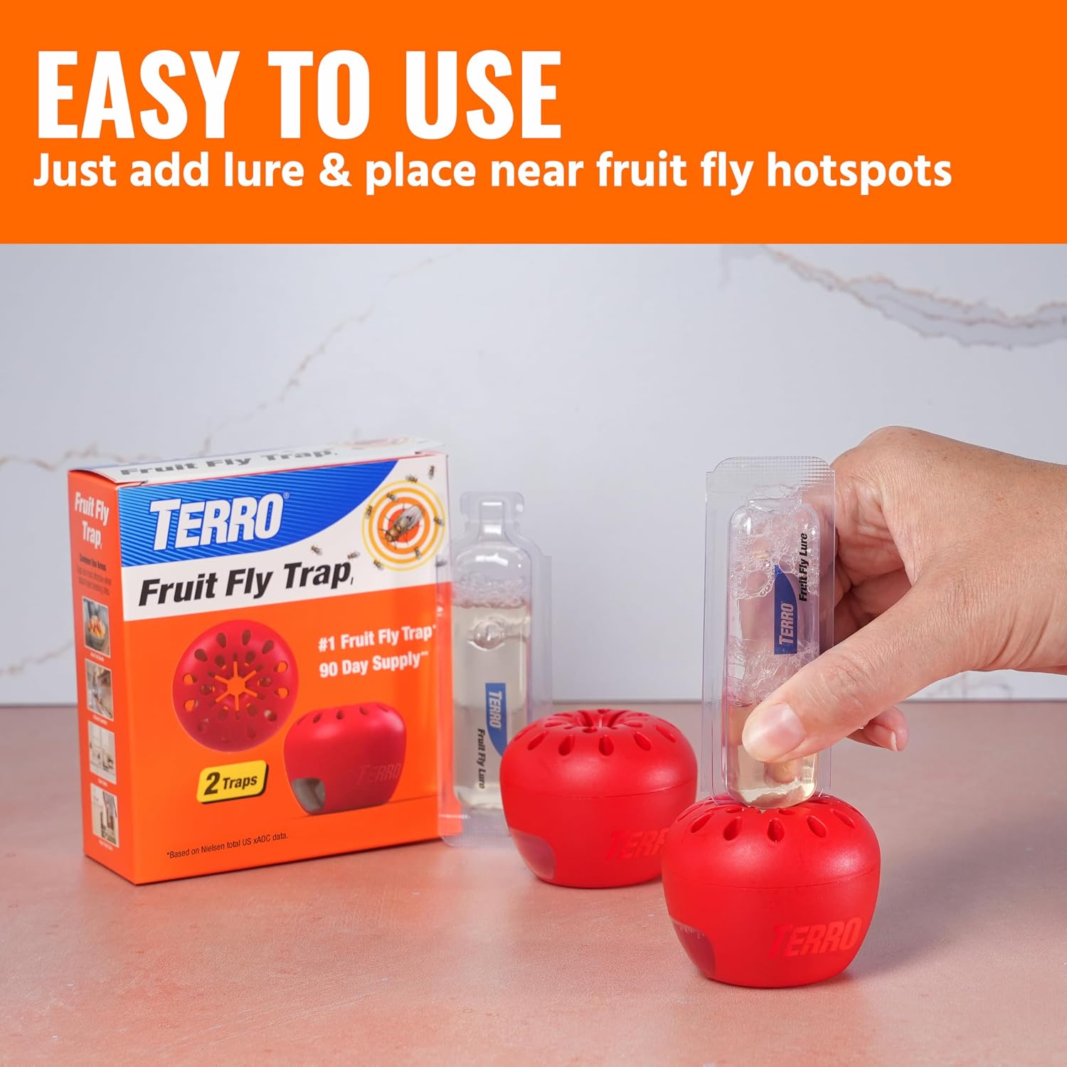 Terro Fruit Fly Trap 4-Pack, 180 Day Lure Supply, Food-Based Lure | Apple-Shaped Design For Kitchen Counters, Fruit Bowls, Trash Cans, Food-Based Lure, Indoor Pest Control, Fruit Fly Killer