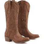 Women'S Knee High Cowboy Boots Pointed Toe Embroidered Western Boots Chunky Heel Fashion Cowgirl Tall Boots For Concert Festival Fall Outfits