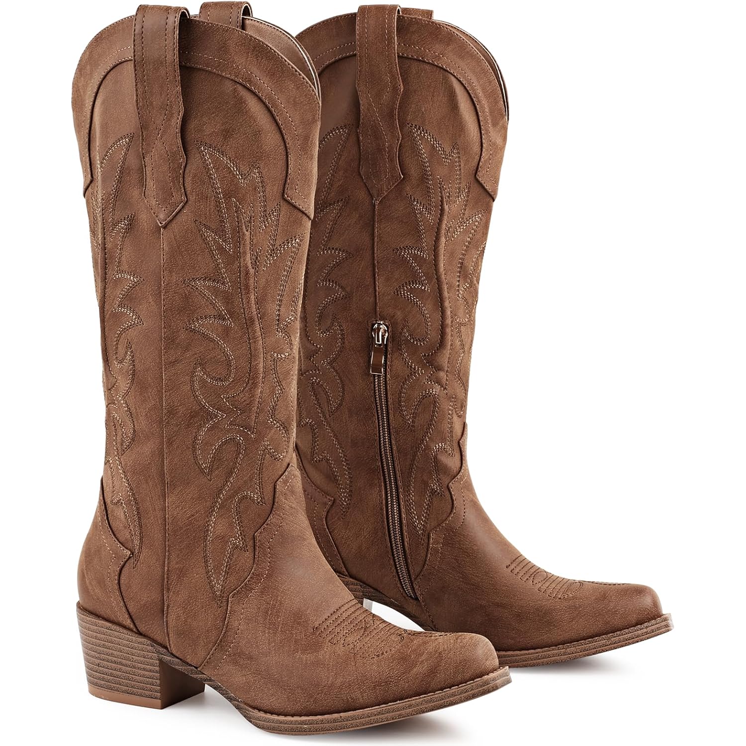 Women'S Knee High Cowboy Boots Pointed Toe Embroidered Western Boots Chunky Heel Fashion Cowgirl Tall Boots For Concert Festival Fall Outfits