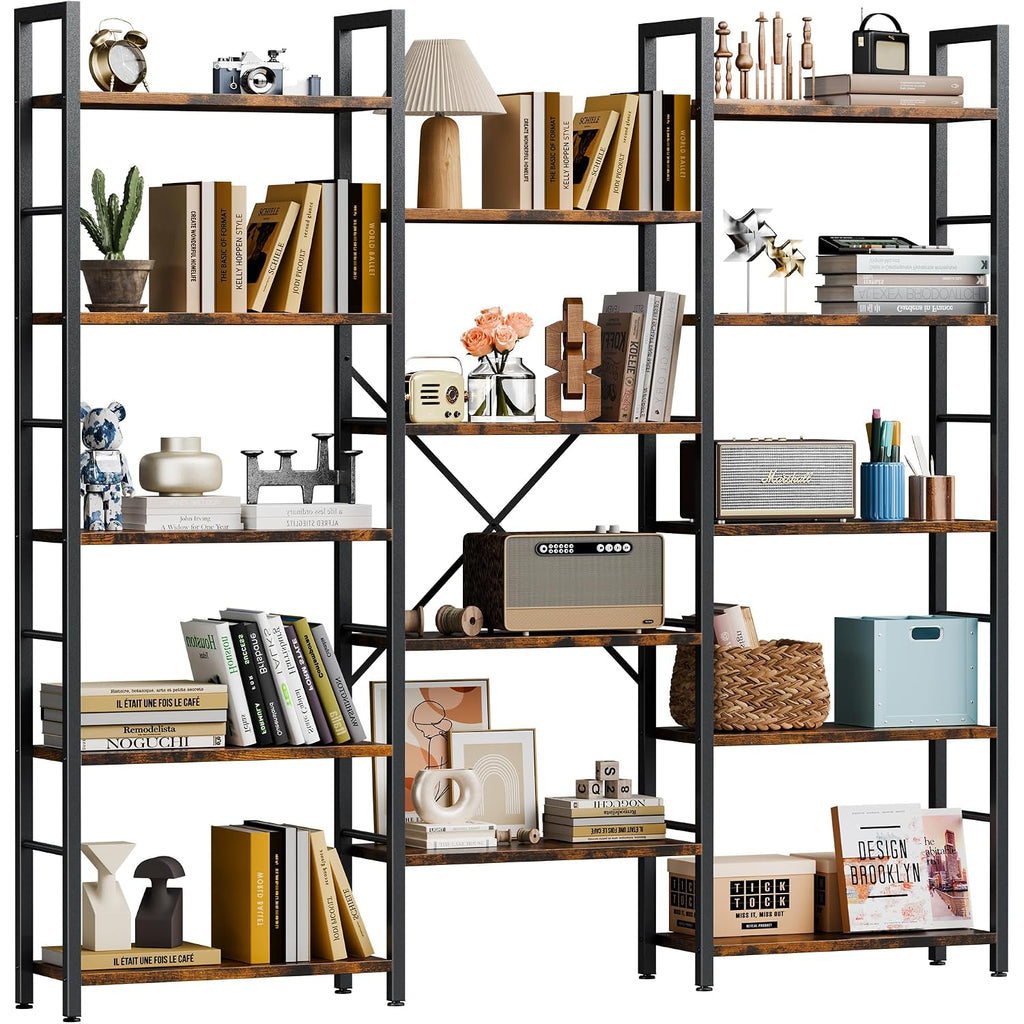 Shintenchi Triple Column 5 Tier Bookshelf, Industrial Large Bookcase Display Shelves, Large Etagere Bookshelf,Wide Book Shelf Book Case For Home & Office, Rustic Brown