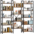 Shintenchi Triple Column 5 Tier Bookshelf, Industrial Large Bookcase Display Shelves, Large Etagere Bookshelf,Wide Book Shelf Book Case For Home & Office, Rustic Brown