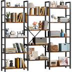 Shintenchi Triple Column 5 Tier Bookshelf, Industrial Large Bookcase Display Shelves, Large Etagere Bookshelf,Wide Book Shelf Book Case For Home & Office, Rustic Brown