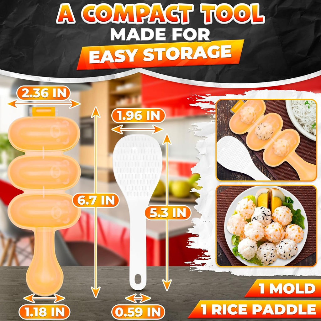 Rice Ball Mold - Mini Rice Ball Maker Mold with 3 Bite-Size Portions, Plastic Shaker with Scoop for Fast Shake Shaping – Versatile Tool for Bento Meals, Temari Sushi, Yaki-Onigiri & Creative Plating