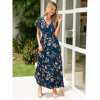 Simplee Womens Floral Maxi Dress - Short Sleeve Summer Boho Wedding Guest Dress Empire Waist Chiffon Modest Midi Dresses