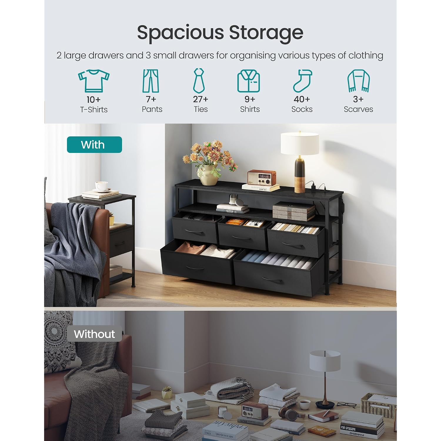 Songmics Bellah Collection - Dresser For Bedroom With App-Controlled Led Lights And Charging Station, Chest Of Drawers, Tv Stand, 5 Drawers, Shelf, Modern, Ink Black Ulgs723Bh02S
