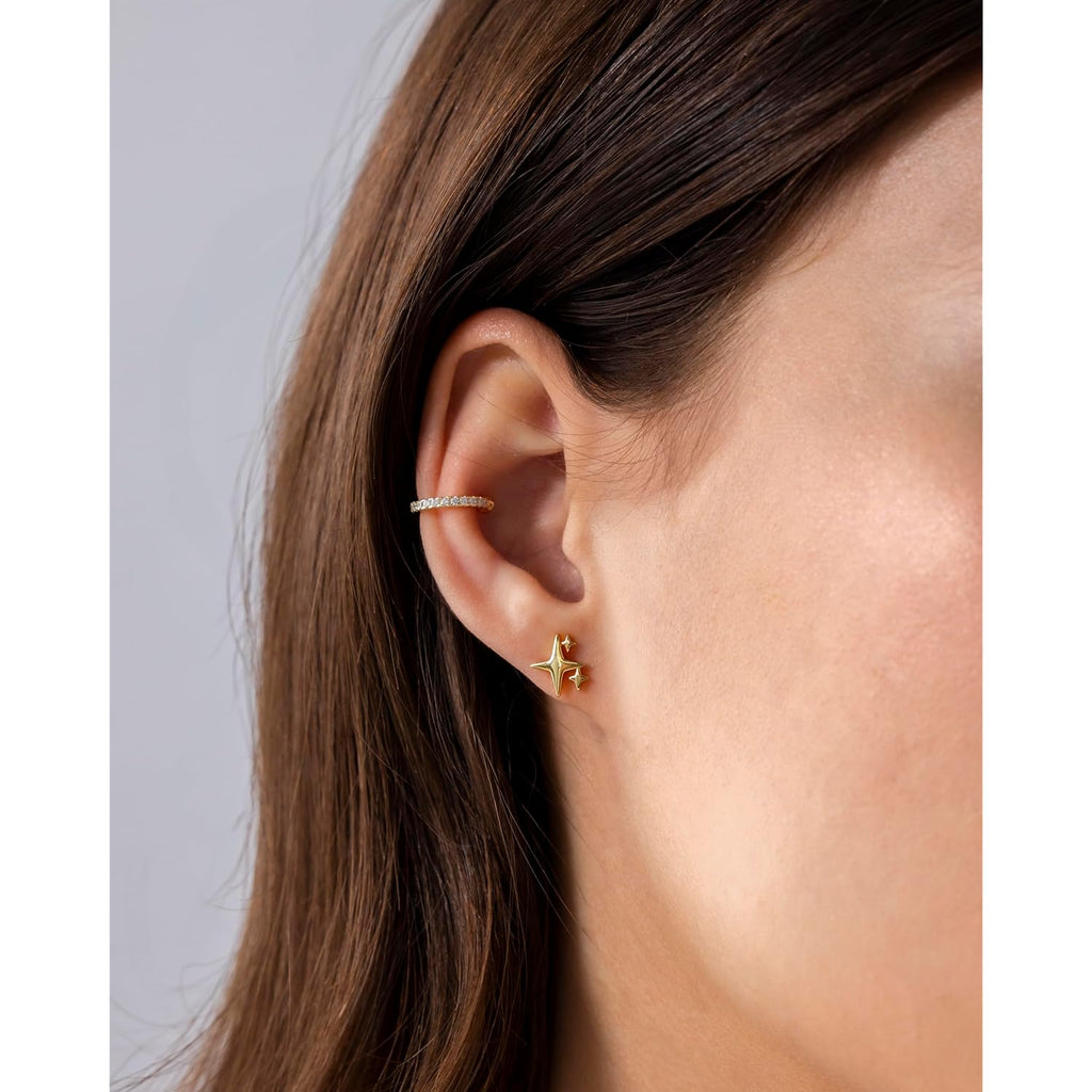 PAVOI 14K Gold Plated Dainty Flat Back Earrings for Women - Hypoallergenic Sterling Silver Posts Helix Cartilage Piercing Jewelry - Emoji Motif Bow Celestial Flatback Gold Stud Earrings Screw Back