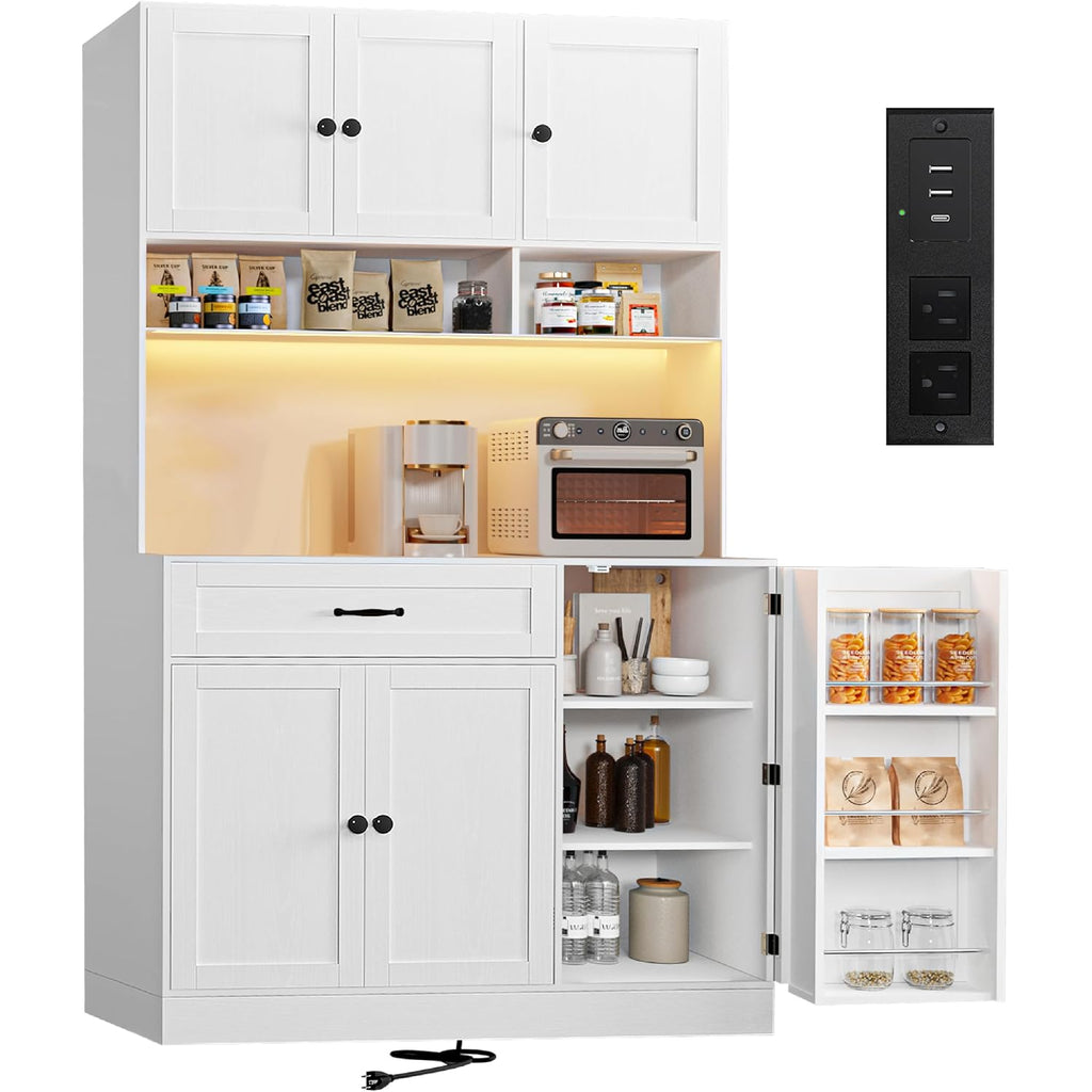 Fjtjbsi 72" Kitchen Pantry Cabinet With Led Light And Charging Station Tall Pantry Storage Cabinet With Adjustable Shelves And Door Shelves Modern Kitchen Hutch With Microwave Stand And Countertop