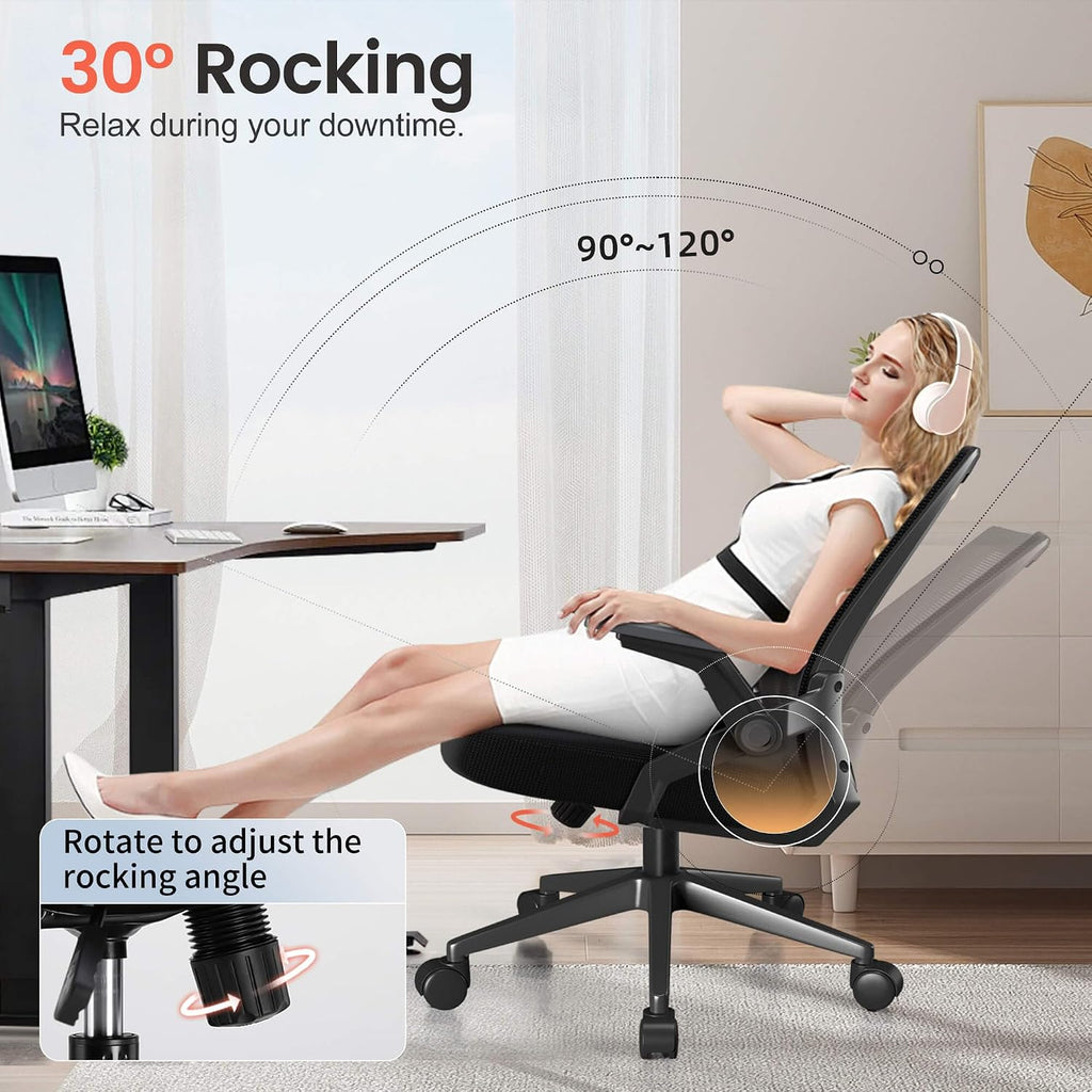 Gtplayer Ergonomic Office Chair With Flip-Up Armrests Executive Computer Chair For Home Office, Breathable Mesh & Comfy Lumbar Support, Black